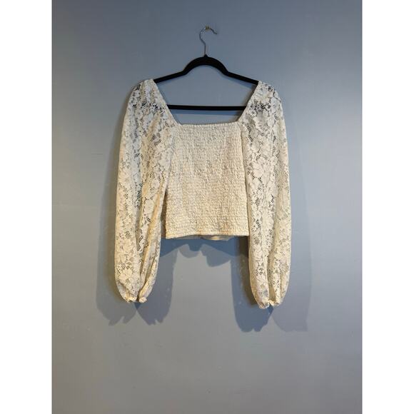 Express Long Sleeve Lace Smocked Back Top Cream Size M - Picture 2 of 4